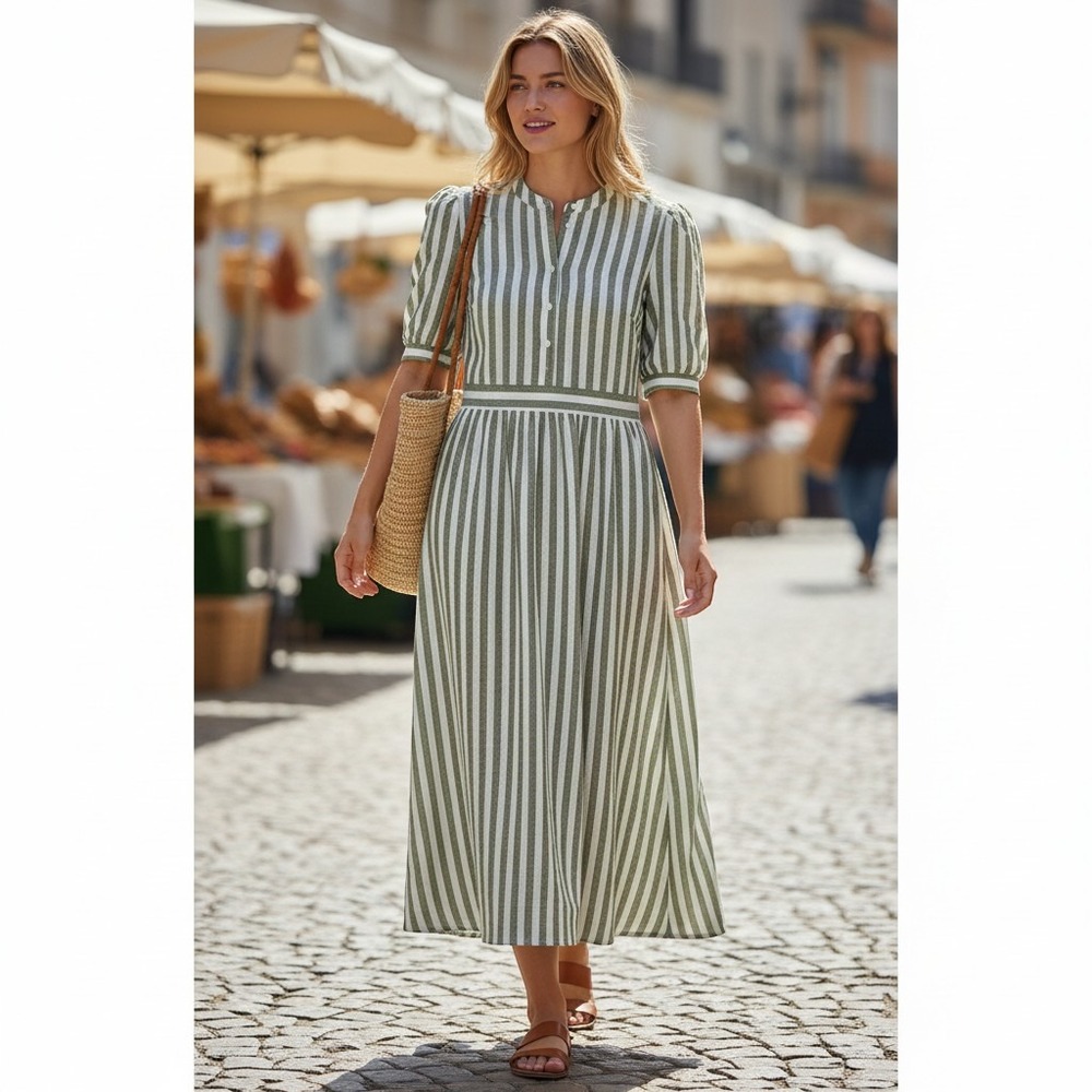 Boden Womens 12 Green Striped Linen Midi Dress Puff Sleeve Coastal Cottage Vaca